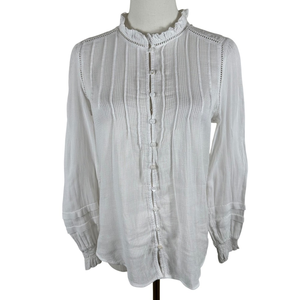 Faherty Willa Blouse Womens XS White Organic Cotton Pintuck Ruffle Peasant Boho